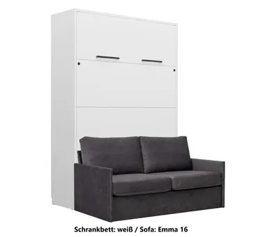 Produktbild von Schrankbett Wandbett Klappbett vertikal GN 140x200 weiß mit LED und Sofa dunkelgrau