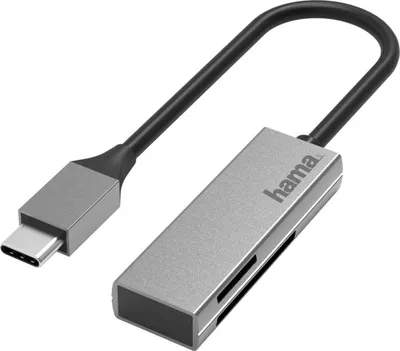 A silver USB-C card reader with a black cable on a white background.