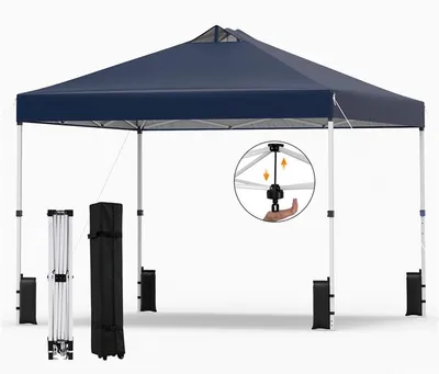 Produktbild von KOMFOTTEU Pavillon 3 x 3m, Gartenpavillon mit EIN-Knopf-System, silberbeschichtetem Dach, strapazierfähigem Rahmen, Sandsäcken, Heringen und Seilen, tragbares Partyzelt für Picknicks, Partys (Blau)