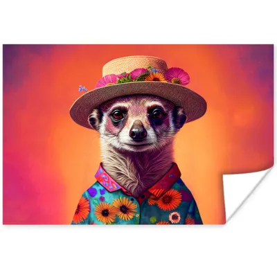 Produktbild von MuchoWow® Poster Erdmännchen - Blumen - Hut - Tiere - Porträt 120x80 cm - Bilder