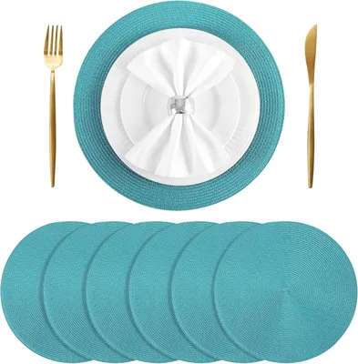 Produktbild von Runde gewebte Tischsets 6er Set, Herbst Tischsets für Thanksgiving, 38,1 cm, Türkis - Waschbar Rutschfest