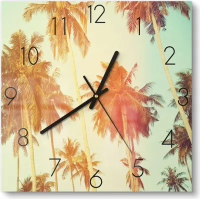 Produktbild von DEQORI Glasuhr 30x30 cm Zahlen 'Palmen mit Farbfilter' Wanduhr Glas Uhr Design leise