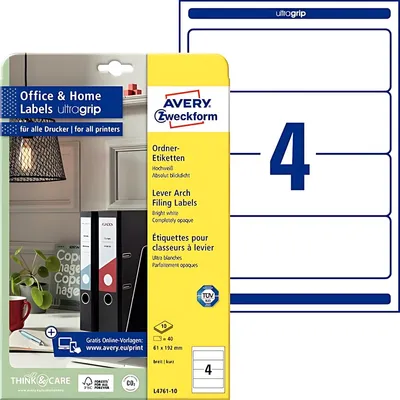 Produktbild von Avery Zweckform L4761-10 Ordner-Etiketten, 192 x 61 mm, 10 Blatt/40 Etiketten, weiß