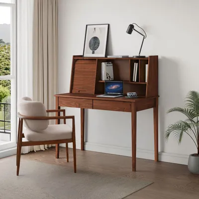 Produktbild von Schreibtisch ALISA mit 2 Schubladen & Rollladen aus Massivholz, Kastanie Finish- Schreibtisch aus Kiefernholz, Massivholz Schreibtisch mit Stauraum, ideal für Homeoffice und Arbeitszimmer