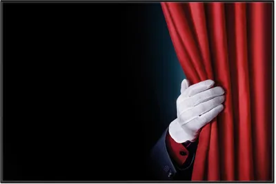 Produktbild von Wallario Wandbild Vorhang auf für die Show  Hand hinterm roten Vorhang, Größe: 61 x 91,50 cm, Poster mit schwarzem Aluminiumrahmen
