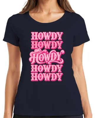 Produktbild von Howdy Dolly Parton Cowgirl Western Country Hut Pink Retro Rodeo Damen T-Shirt, Navy, S