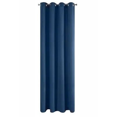 A single blue curtain hanging from a curtain rod.