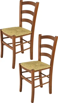 Produktbild von t m c s Tommychairs - 2er Set Stühle VENICE für Küche und Esszimmer, robuste Struktur aus lackiertem Buchenholz im Farbton Helles Nussbraun und Sitzfläche aus Stroh