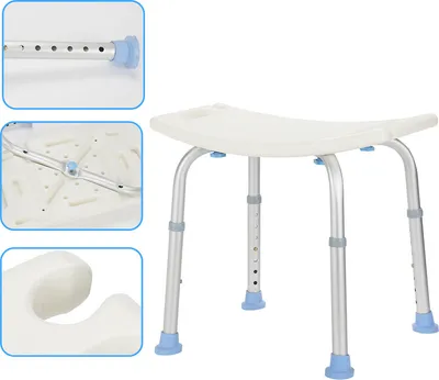 A white shower stool with adjustable legs and blue rubber feet is shown against a white background. Insets show close-ups of the adjustable leg mechanism, the underside of the seat, and a close-up of the rubber foot.