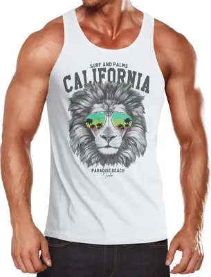 Produktbild von Herren Tank-Top Löwe Bär Sonnenbrille Palmen Summer California Muskelshirt Muscle Shirt Neverless® Lion weiß M