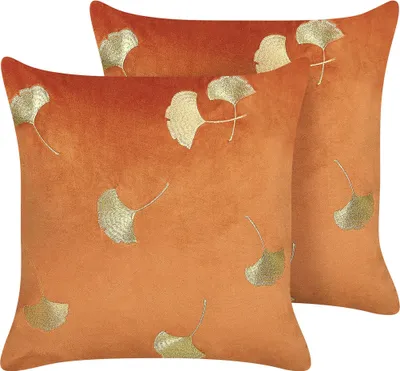Produktbild von BELIANI Dekokissen 2er Set Orange u. Gold Samtstoff mit Füllung 45x45 cm Ginkgo Blätter Muster Wohnaccessories Wohnzimmer Schlafzimmer Flur