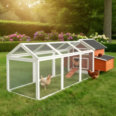 A chicken coop with an attached run in a grassy backyard with flowers in the background.