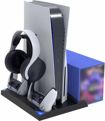 A charging and cooling station for a PS5 console, with headphones and controllers displayed.