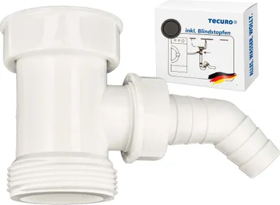 A white plastic plumbing adapter with a hose connection and a small box with product information.