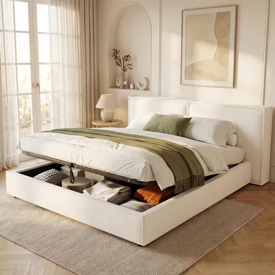 Produktbild von Flieks Hydraulisches Polsterbett 180x200cm mit Stauraum, Jugendbett Doppelbett mit gepolstertem Kopfteil, Stauraumbett Bouclé, Beige