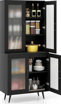 A black kitchen cabinet with glass doors, filled with various kitchen items.