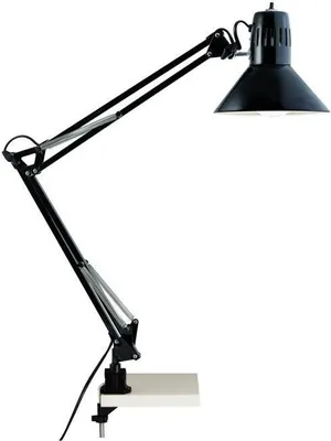 A black desk lamp with an adjustable arm and head, clamped to a white surface.