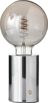 A close-up studio shot of a modern LED table lamp with a chrome base and a large, clear Edison-style bulb with a visible filament.