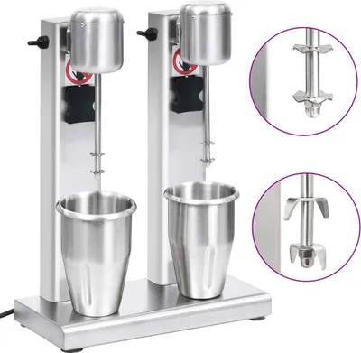 A dual milkshake maker with stainless steel cups and mixers.