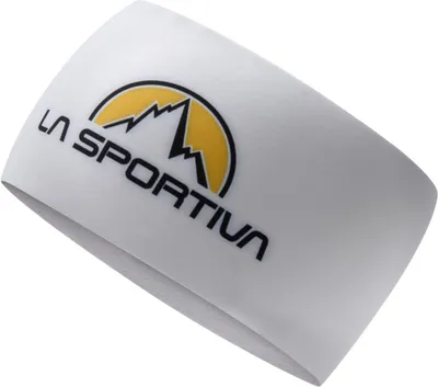 Weißes Stirnband von La Sportiva mit gelbem und schwarzem Logo.