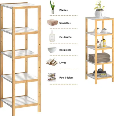Image de Étagère en bambou 5 niveaux Meuble de rangement avec tablettes blanches Charge max. 50 kg Maison salle de bain cuisine