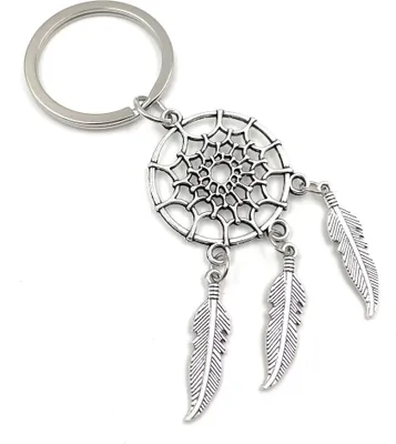 Productafbeelding van Onwomania droomvanger met 3 veertjes, sleutelhanger, metalen geluksbringer, in een aluminium cadeauverpakking, ideaal om cadeau te geven