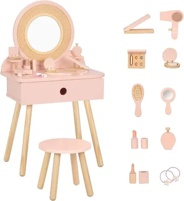 Produktbild von Schminktisch Kinder, Kinderschminktisch mit Hocker und Spiegel, Mädchen Frisiertisch aus Holz, Kinder Schminktisch für Mädchen ab 3 Jahre, Rosa