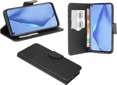 Produktbild von cofi1453® Buch Tasche "Fancy" kompatibel mit HUAWEI P40 LITE Handy Hülle Etui Brieftasche Schutzhülle mit Standfunktion, Kartenfach Schwarz