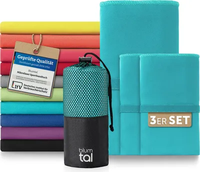 Produktbild von Blumtal Mikrofaser Handtuch Set 3-teilig (1x 180x90 cm + 2x 80x40 cm), schnelltrocknend, saugstark, ideal als Reisehandtuch, Gym Towel & Strandtuch,Petrol