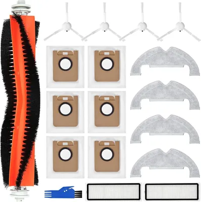 A collection of robot vacuum cleaner replacement parts laid out on a white background.