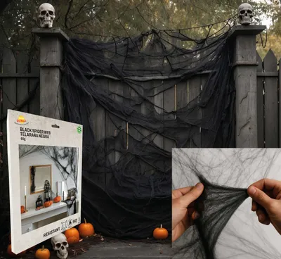 Immagine prodotto di Halloween Ragnatela Decorazione Spettrale Ragno Nero Tessitura Decorazione all'aperto Scheletro a tema Animali Vacanze Atmosfera Spaventosa, Colore: Nero
