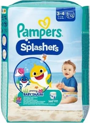 A package of Pampers Splashers diapers featuring Baby Shark characters on a beach background.