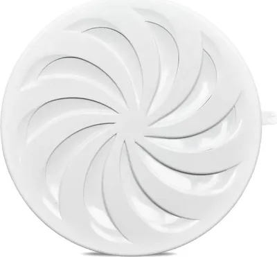 A white, circular ventilation grille with a swirling pattern.