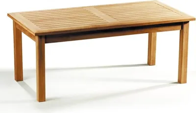 A wooden dining table with slatted top and four legs, shown from a side-angle.
