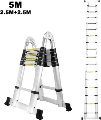 Produktbild von TolleTour Teleskopleiter Stehleiter Mehrzweckleiter Klappleiter bis 150kg Multifunktionsleiter 2.5+2.5m 5M