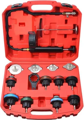 Image de Kit de test de pression et de détection de fuites pour système de refroidissement - Testeur de pression de radiateur T8967RD - 15 pièces - Type à vide - Avec manomètre - Avec mallette - Jaune