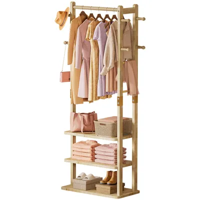 Produktbild von Yorbay Kleiderständer Garderobenständer aus Massivholz mit 3 Ablagebrettern & 6 Hakens - Offener Kleiderschrank für Flur, Schlafzimmer