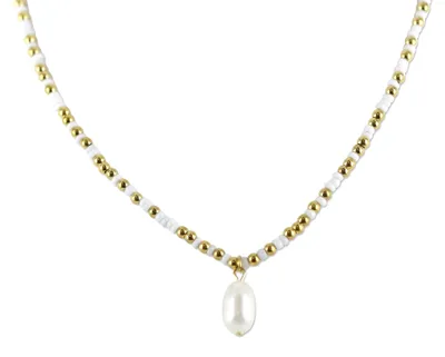 Produktbild von CO88 Collection 8CN-26301 Stahlkette mit Perlen – Damen – Goldfarben – 3 mm – weiß – 2,5 mm – Perle – 12 x 7,5 mm – Länge 38 + 7 cm