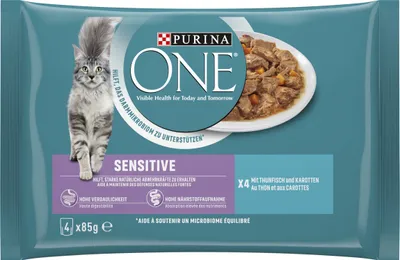 Produktbild von Purina ONE SENSITIVE zarte Stückchen in Sauce mit Thunfisch und Karotten, Adult, Thunfisch, 85 g