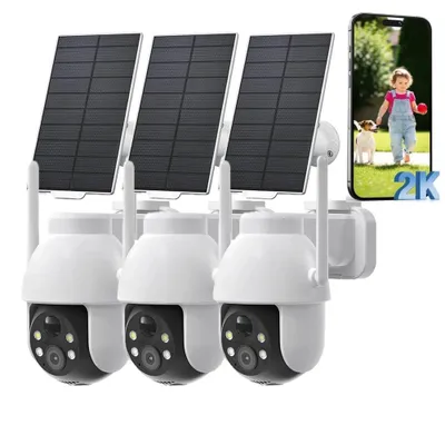 Produktbild von 2K Solar Überwachungskamera Aussen Akku Kamera Outdoor mit 360°Überwachung Automatischer Personenverfolgung Farbe Nachtsicht Licht und Tonalarm 3PC