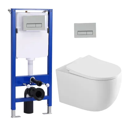 Produktbild von Pack WC Vorwandelement Set + Hänge WC Wand Toilette + 114 cm Unterputzspülkasten mit Rechteckig Chrome Drückplatte HOROW
