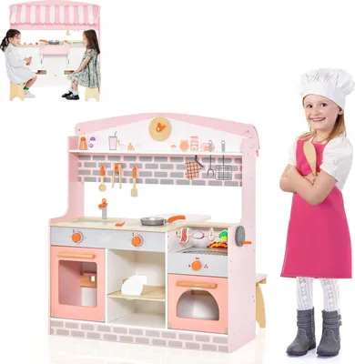 Produktbild von Detská kuchynka COSTWAY 2 v 1, obojstranná kuchynka na hranie, drevená kuchynka so sporákom, rúrou, grilom, nastaviteľnou strieškou a dreveným kohútikom, hračkárska kuchynka pre deti od 3 do 8 rokov