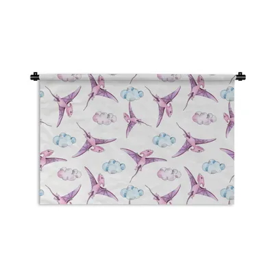 Produktbild von MuchoWow® Wandteppich Wandbehang Kinderzimmer - Wolken - Dinosaurier - Mädchen - Kinder - Rosa - Kind 60x40 cm Tapisserie Dekoration Wandtuch - Wanddekorationen