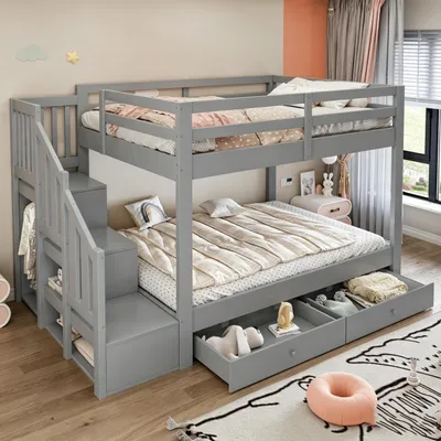 Productafbeelding van Merax stapelbed 140x200 cm van hout met opbergruimte in de trap, kinderbed met kledingroede, hoogslaper met 2 lades, veiligheidshek en lattenbodem, grijs