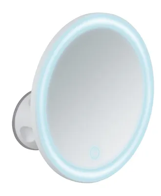 A white makeup mirror with blue LED lighting, attached to a suction cup mount.