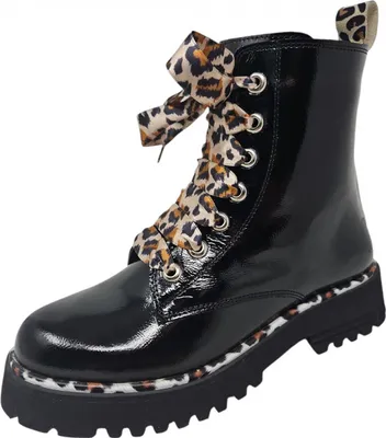 A single black patent leather boot with leopard print laces and trim.