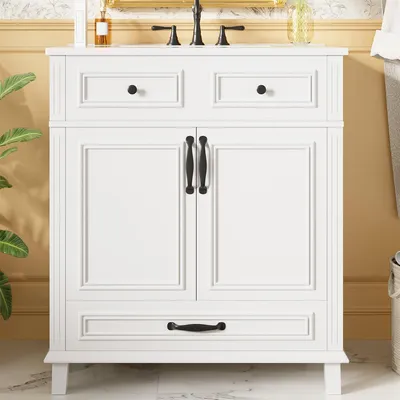 Produktbild von Waschbeckenunterschrank mit Keramikwaschbecken und 9 Ablagefächer Badezimmerschrank 77 x 46 x 86 cm Weiß
