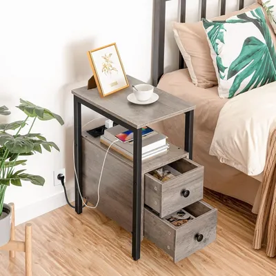 Produktbild von Beistelltisch mit Steckdosenleiste,Schmaler Nachttisch mit 2 Schubladen,Sofatisch,Nachtschrank für kleine Räume,Wohnzimmer, Schlafzimmer 60x30x61cm