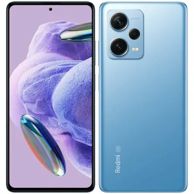 A blue Xiaomi Redmi Note 12 Pro+ 5G smartphone is shown from the front and back.