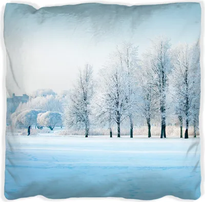 Produktbild von Wallario Premium Kissen, weiche Oberfläche, mit Motiv Verschneite Bäume in einer Winterlandschaft, Größe: 60 x 60 cm, mit weißer Rückseite
